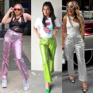 Las mujeres al por mayor difieren el color de los pantalones de cuero de la PU Leggings de moda Color metálico de cintura alta para los pantalones ocasionales del caramelo de la primavera y el verano