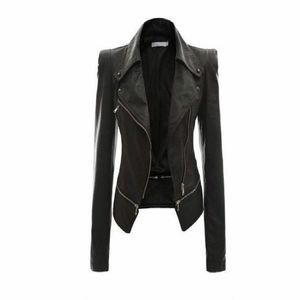 Groothandel - vrouwen lederen jas klinknagel rits motorfiets jas draai kraag chaquetas mujer argyle patroon lederen jas S-3XL