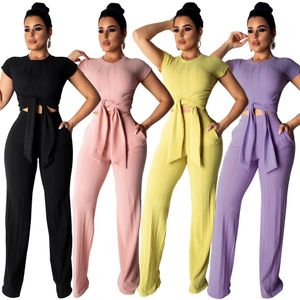 Wholesale Women Rib Two Piece Pants Sets Slim Short Sleeve Crop Top High Waist Wide Leg Long Pants with Belt