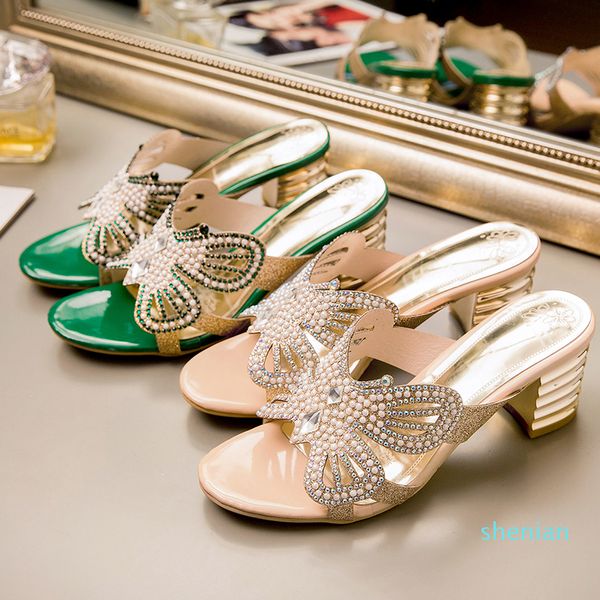 Gros-Femmes Chunky Talon Sandale Mule Haute Qualité Designer Style Cristal Papillon Strass Slip-on Summer Party Chaussures