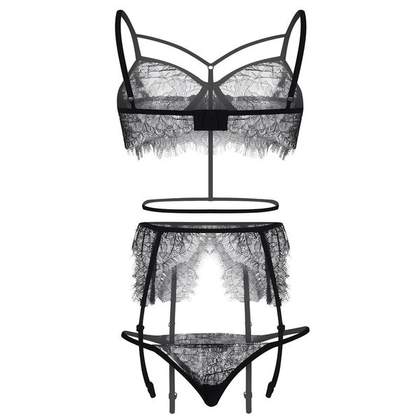 Wholesale-Femme Dentelle creuse sur Sous Vétement Femme Sexy Ensemble Ensemble Trois-Pièces Sous-vêtements Ensemble Lingerie Porno Transparent Bra