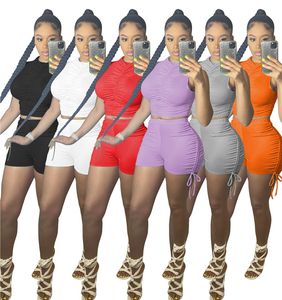 Gros Femmes Survêtements D'été Tenues Solides Sans Manches Fronces T-shirt Bandage Shorts Deux Pièces Ensemble Casual Sports Costumes Vêtements De Fitness En Vrac 7322