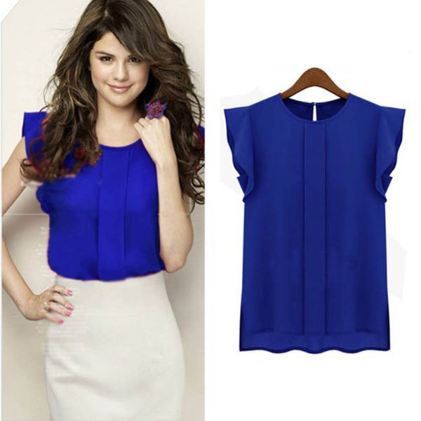 Vente en gros - T-shirt femme en mousseline de soie Vêtements d'été Lady Shirt Vente Ruffle Tops à manches courtes Camiseta