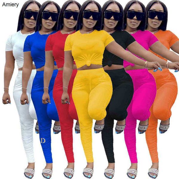 Venta al por mayor Chándal de mujer Conjunto de dos piezas Trajes de diseñador Color sólido Manga corta Top Pantalones apilados Suéteres Damas Tallas grandes Trajes de jogging casuales