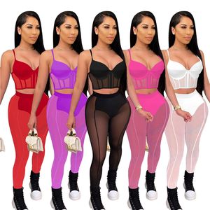 Vente en gros femmes survêtements été pure deux pièces ensemble débardeur sans manches + pantalon en maille décontracté correspondant ensemble sexy voir à travers la nuit club porter en vrac 7213