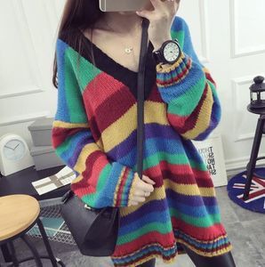 Venta al por mayor- Mujeres con cuello en V Otoño Invierno Rayas de colores Suéter Jersey Batwing Manga larga Casual Suelta Blusa sólida Camisa Top Tallas grandes