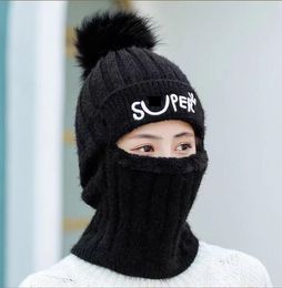 Gros femmes hiver chaud bonnets tricotés casquette fausse fourrure Pom Pom boule chapeaux écharpes filles bonnet écharpe ensemble mode 1 trou cagoule masque