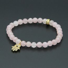 Bijoux pour femmes, vente en gros, 10 pièces/lot, pierre de cristal rose naturel de 6mm, avec Micro incrustation de Zircons, Bracelets à pendentif main de Fatima Hamsa