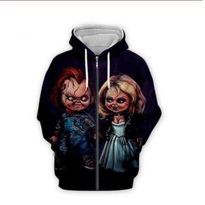 Vente en gros Femmes / Hommes Jeu d'enfant Mariée de Chucky poupée 3D Imprimer Sweats à Capuche Halloween Drôle Backwoods Motif Zipper Hoodies A013