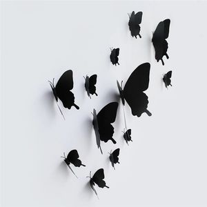 Noir bricolage papillon Stickers muraux 3 tailles 12 pièces 3D papillons autocollant décalcomanies pour fête mariage murs décor à la maison