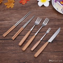 Groothandel Houten Handvat Rvs Mes Fork Lepel Stickware Set Creatieve Koffie Roeren Lepel Soeplepel Home Hotel Bestek levert