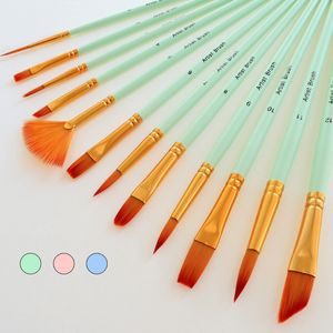 Stylos de peinture dégradé en bois, 12 pièces, pinceaux en Nylon, rose, bleu, vert, fournitures de peinture artistique, vente en gros, A12