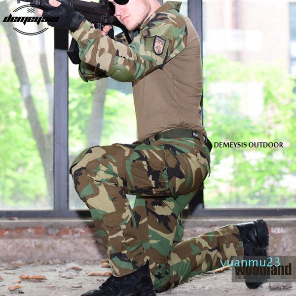 Al por mayor-Woodland Camuflaje Uniforme del ejército Traje de combate táctico Juego de guerra Ropa Camisa + Pantalones Codo Rodilleras