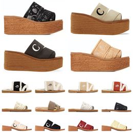 wholesale Zapatillas de lona Woody Slide Flats Parte inferior gruesa Zapatillas de madera famosas Letras de encaje Verano Diseñador de lujo Sandalias de tacón plano leathe eur: 35-45