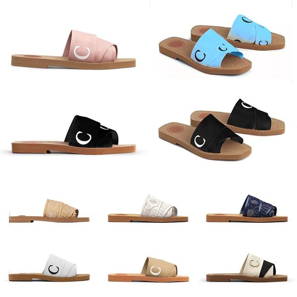 wholesale Sandales Woody pour femmes Mules plates diapositives Beige clair beige blanc noir rose bleu dentelle Lettrage toile femmes été en plein air pantoufles de plage chaussures taille 35-42