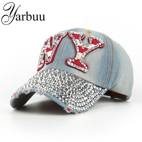 Vente en gros- [YARBUU] casquette de baseball avec strass Snapback chapeau pour femmes NY broderie soleil unisexe mode coton casquettes balle