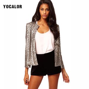 Groothandel - Yocalor Paillette Lange Mouw Losse Vrouwen Basic Jassen Dames Lente Herfst Jassen Rode Sequin Vintage Short Silver Shiny Jacket