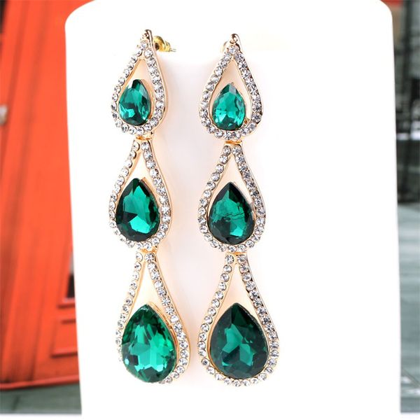 Wholesaledrop cristal vert foncé boucle d'oreille pour femmes diamant gland lustre boucles d'oreilles robe de luxe bijoux de mariage plaqué or 18 carats