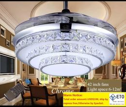 Venta al por mayor, ventiladores de techo con luz de cristal invisible, lámpara de cristal LED moderna, ventiladores de techo para salón interior, luz de cristal con control remoto