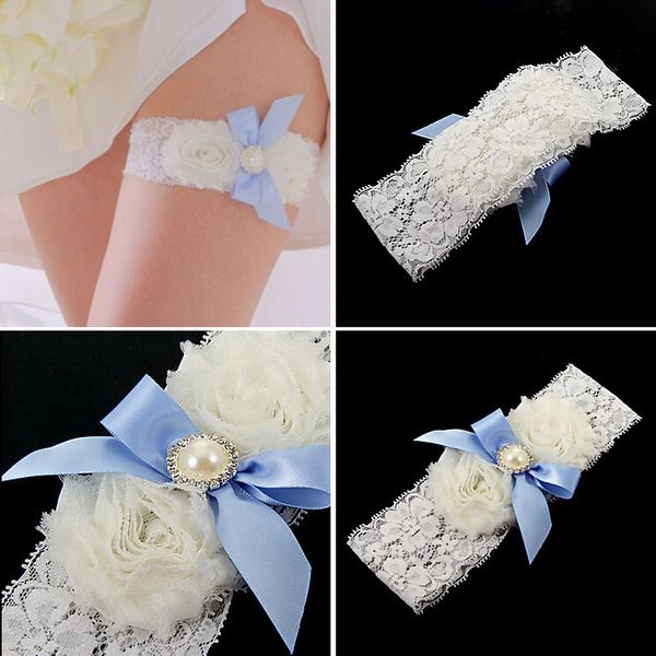 Vente en gros blanc et bleu ciel perle fleur mariage jarretières de mariée dentelle élastique jarretières de mariage pour faveurs de mariage fournitures vente