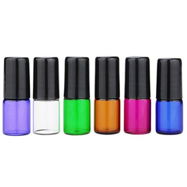 En gros 6 Couleurs Petites Bouteilles En Verre 1/4 Dram 1 ml Rouge Violet Vert Ambre Bleu Clair Mini Bouteilles D'huile Essentielle avec Acier Inoxydable R Ffdp