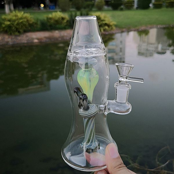 Wholesale Hoodahs Lámpara de lava única Bongs de vidrio Reciclador interno DAB Rig Showerhead PERCOLADER BONGS GREEN BONG 14mm Tazón de conjunto