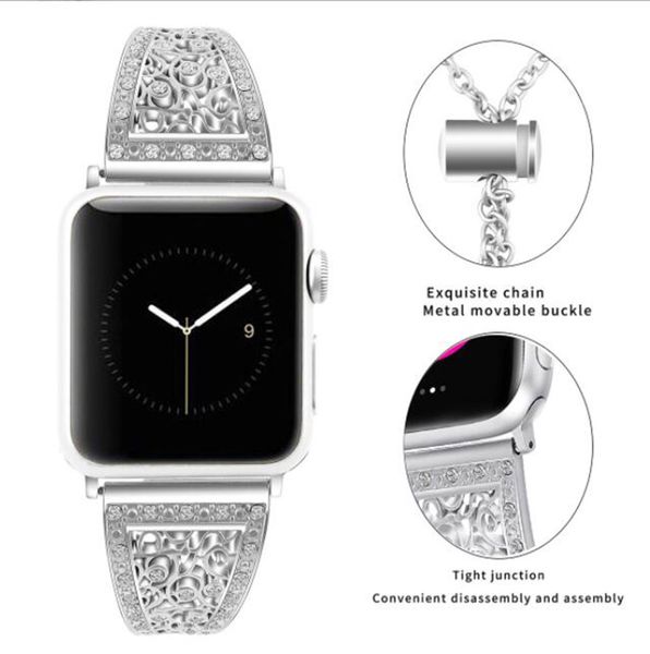 Ventas al por mayor Nave de la gota iwatch correas de reloj de metal en forma de flor Diseño especial correa ajustable de diamante de acero inoxidable para relojes Apple 1/2/3/4