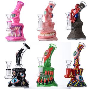 Ventas al por mayor Estilo de Halloween Cachimbas 14 mm Conjunto único Vaso de vidrio Bongs Pequeñas tuberías de agua embriagadoras 4 mm de espesor Dab Rigs Dientes de ojo Pulpo Pipa para fumar con tazón TX816