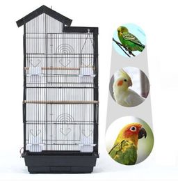 Groothases Gratis Verzending 39 "Bird Parrot Cage Canary Parakeet Cockatiel Lovebird Finch Bird Cage met hout stoeltjes voedsel cups zwart