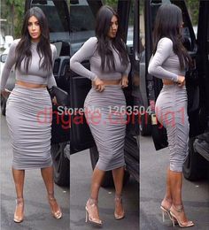 Wholeseese Kim Kardashian Grey Deux pièces robes crayon robe crop top set bodycon robe célébrité robes tcd0543407285