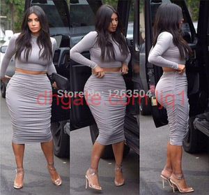 Wholesexy Kim Kardashian Gray Dos piezas Dress Crop Top Dress Set Bodycon Vestidos de celebridades TCD0546115156