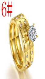 WholeStainless stalen ring set met ronde grote zirkoon titanium staal vergulde gouden man en vrouw koppelring9204963