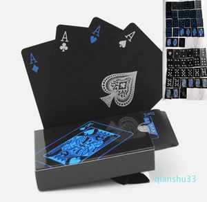 Cartes de Poker en PVC noir pur résistant à l'eau, cartes noires pures, police bleue argentée, cartes à jouer magiques 63mm 88MM 140g3244702