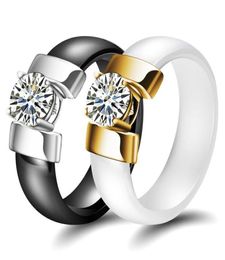 Anneaux en céramique noirs entièrement blanc plus zircone cubique pour femmes couleur dorée en acier inoxydable femme anneau de mariage bijoux 3456306