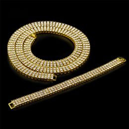 Whos 3 rangées de diamants simulés collier de chaîne de tennis et bracelet de 8 pouces ensemble hommes plaqué or argent glacé Hip Hop Jewel274r