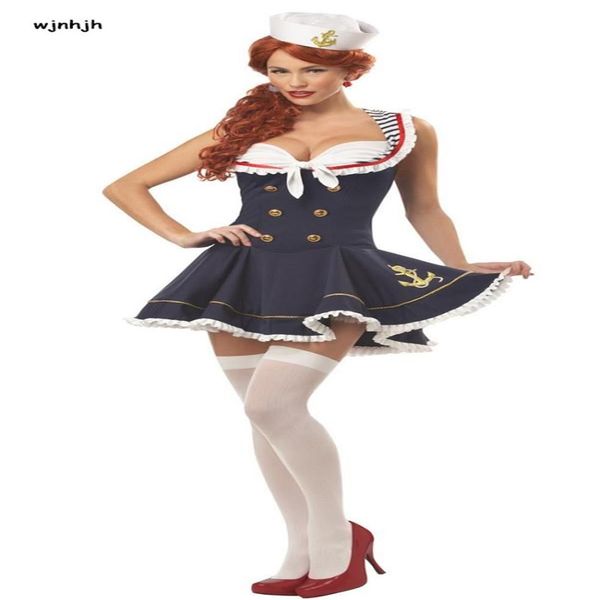 WHWH femmes Halloween Sexy nautique marine marin Pin Up rayure Cosplay Costume Mini robe déguisement avec chapeau taille M XL253J