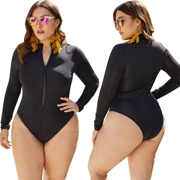 WHZHM recién llegado negro Sexy Bodysuits Feminina primavera playa cremalleras cuello alto manga larga de talla grande 3XL 4XL 5XL talla grande