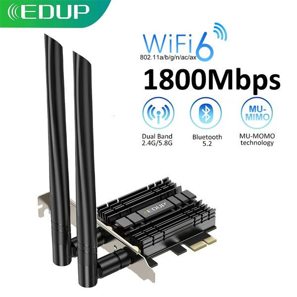 Wi Fi Finders EDUP 1800Mbps WiFi 6 PCIe Adaptador Bluetooth 2 4G 5GHz Tarjeta de red 802 11AX AC MU MIMO para escritorio 231019