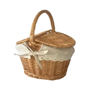 Panier en osier avec poignée, double couvercle, Camping pique-nique, panier de rangement tissé à la main, porte-fruits en plein air 240223