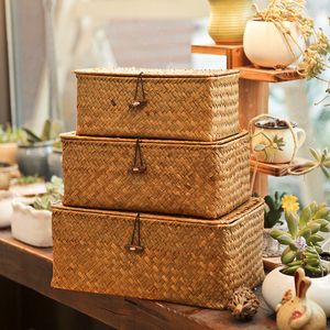 Handmade Straw Woven Storage Basket with Lid Makeup Organizer Storage Box Seagrass Laundry Baskets Rattan Jewelry Box