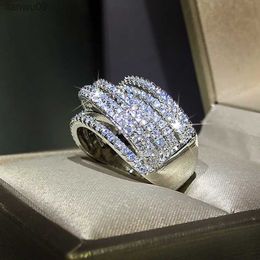 Anillos anchos de Plata de Ley 925 para mujer, diseño entrelazado, anillo de boda de Zirconia para mujer, regalo de San Valentín, joyería de aniversario L230704