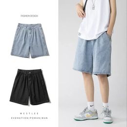 Brede flodderige denim shorts mannen zomer dunne vaste kleur casual losse knielengte broek mannelijke jeans streetwear 240409