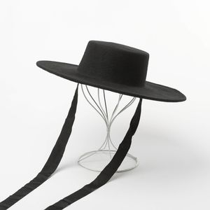 Large bord feutre plat haut hiver canotier s femmes hommes ruban à lacets mentonnière mode laine dames ourdoor chapeau