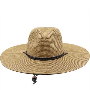 Brede rand hoeden 10,5 cm rand grote strohoed voor vrouwen mannen jazz fedoras koeling zon hoeden zomer ademend elegante dames feest hoed groothandel g230227