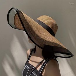 Chapeaux à large bord 15cm dentelle chapeau de paille été femmes plage bord de mer crème solaire disquette chapeau de soleil dame casquette de Protection UV