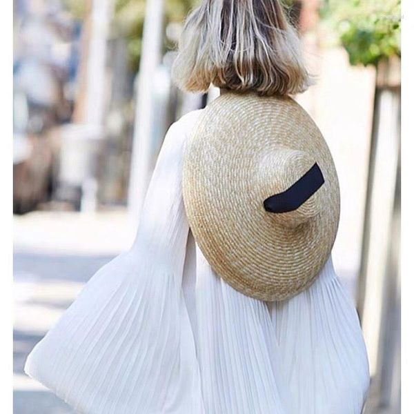 Chapeaux à large bord 18cm Vintage Boater Sun Hat Big Floppy Femmes Summer UV Block Straw Voyage Cap Cap Noir Blanc