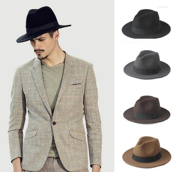 Chapeaux à large bord 2 grande taille 100% laine hommes feutre Trilby Fedora chapeau pour Gentleman haut Cloche Panama Sombrero casquette 56-58 59-61CM Scot22