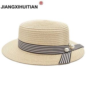 Sombreros de ala ancha 2018 New Lady Boater gorras para el sol Cinta Redonda Plana Top Sombrero de playa de paja Sombrero de Panamá sombreros de verano para mujeres sombrero de paja snapback gorras R230214