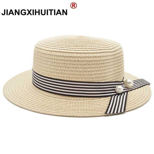 Sombreros de ala ancha 2018 New Lady Boater Sun Caps Ribbon Round Flat Top Straw Beach Hat Panamá Verano para mujeres Snapback Gorras R230214