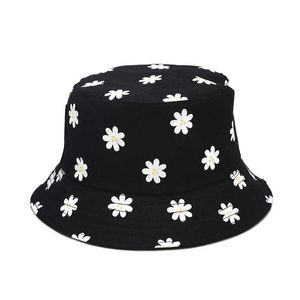 Brede rand hoeden 2020 zomer panama bloem print emmer hoed omkeerbare blk witte vissen cap adsh uv bescherming zon hoed vrouwen visser hoed p230311